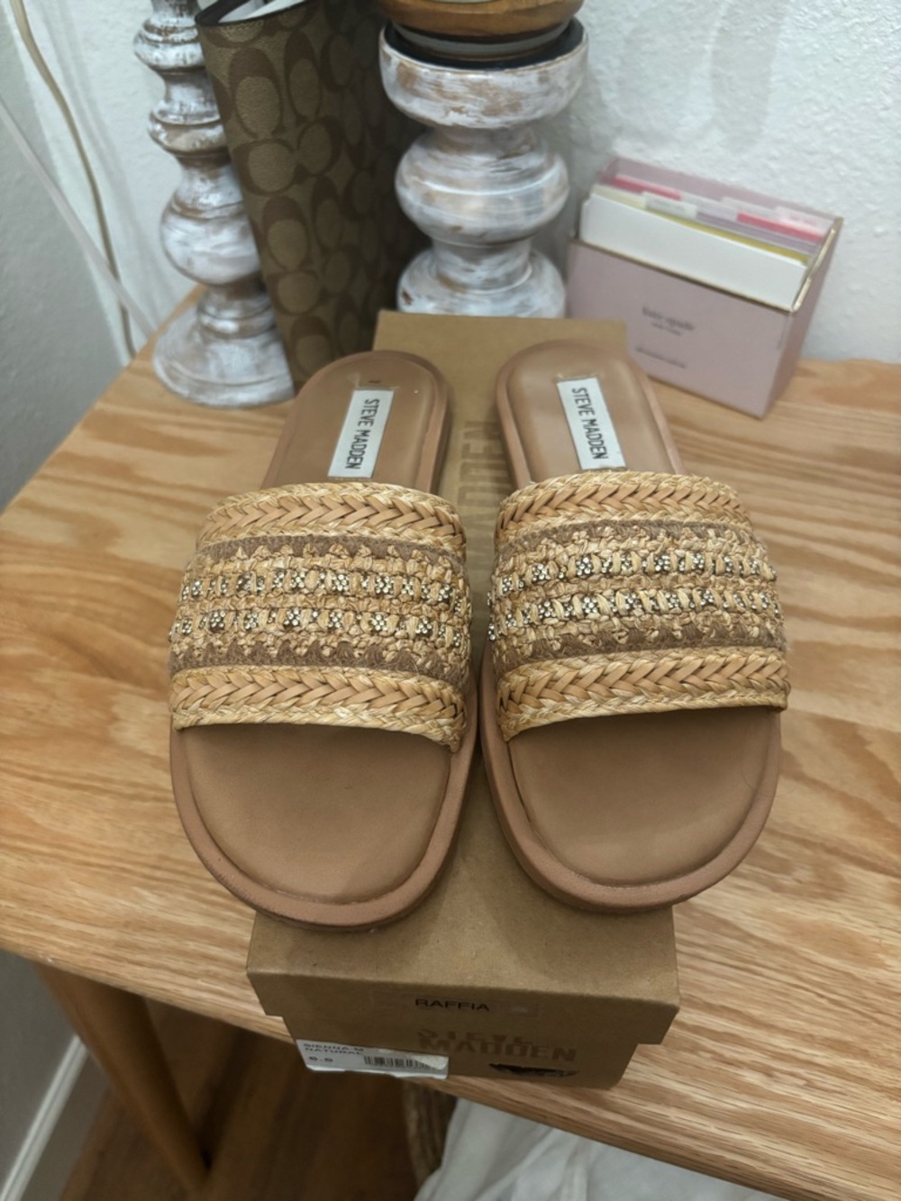 Steve Madden Natural/Tan Braided Raffia Slide Sandals